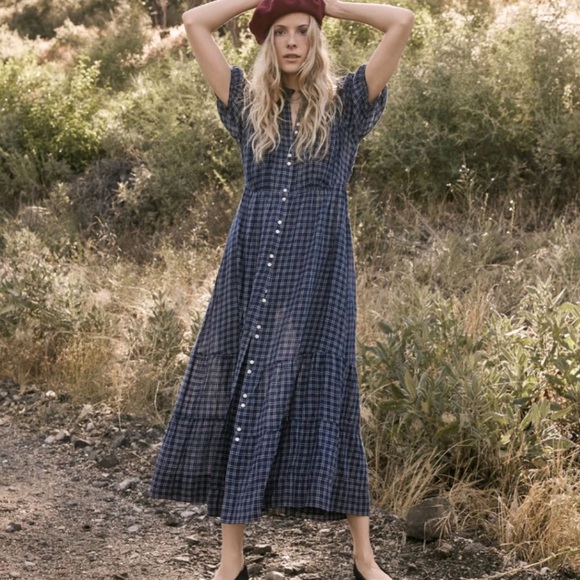 Doen Revi maxi dress size L stunning blue/white plaid w mother of pearl buttons - Picture 2 of 4